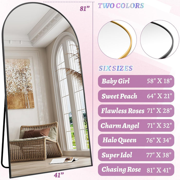Full Length Mirror, 81"X41" Oversized Floor Mirror Freestanding, Full Body Floor Standing Mirror with Stand, Hanging Mounted for Bedroom Living Room, Black, Arched Style