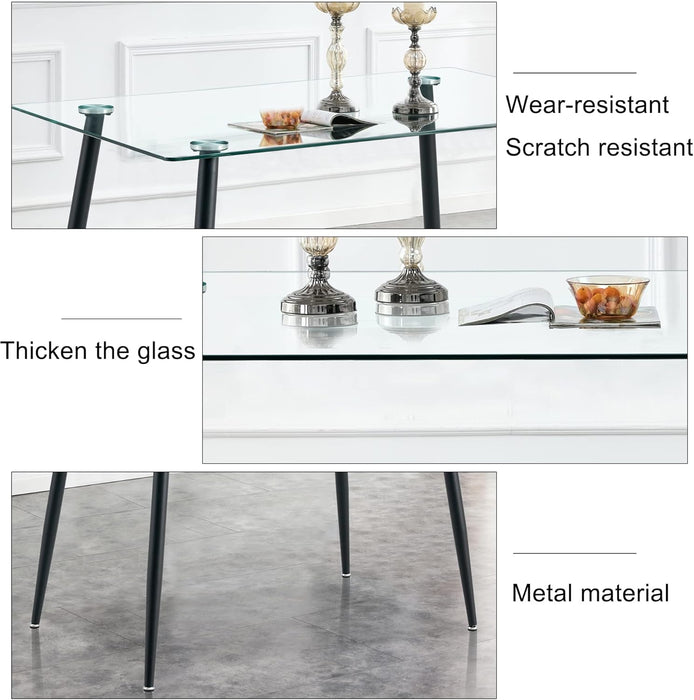 51 Inch Glass Dining Table for 4, Rectangular Glass Dining Room Table with Clear Tempered Glass Tabletop, Glass Kitchen Table with Black Metal Legs for Dining Room Living Room