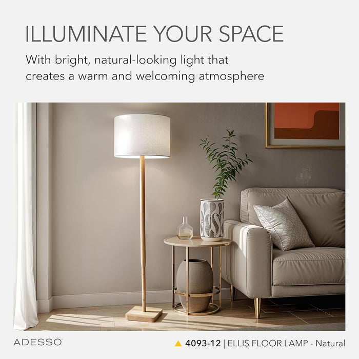 Floor Lamp with Natural Rubberwood Base and White Linen Lampshade – 3-Way Adjustable Brightness, Lamp for Bedroom, Living Room, and House Décor, 58.5” X 16”