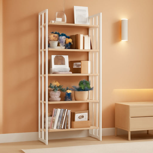 No Assembly 5 Tiers Folding Bookshelf, 59.4" H Foldable Storage Shelves Vintage Bookcase Standing Racks Study Organizer Home Office - Natural White
