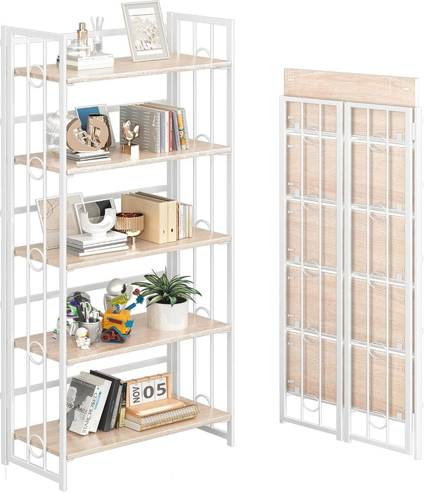No Assembly 5 Tiers Folding Bookshelf, 59.4" H Foldable Storage Shelves Vintage Bookcase Standing Racks Study Organizer Home Office - Natural White