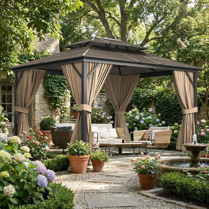 10'X13' Hardtop Gazebo, Double Polycarbonate Roof, All-Weather Heavy-Duty Aluminum Frame, Netting & Curtains, Permanent Outdoor Pavilion for Patio, Garden, Lawn, Khaki