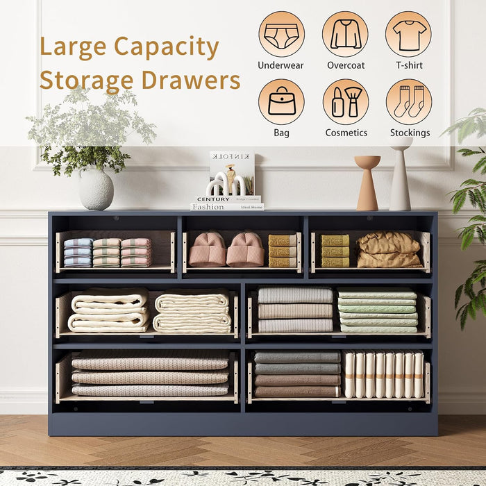 7 Drawer Fluted Dresser with Deep Drawers for Bedroom, Blue丨55 Wide Mid Century Dresser, Modern Chest of Drawers, Wood TV Stand Storage Organizer for Closet, Living Room, Hallway