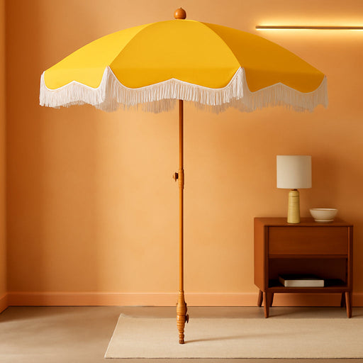 7Ft Fringe Beach Umbrella with Sand Anchor Outdoor Patio, UPF 50+, Yellow