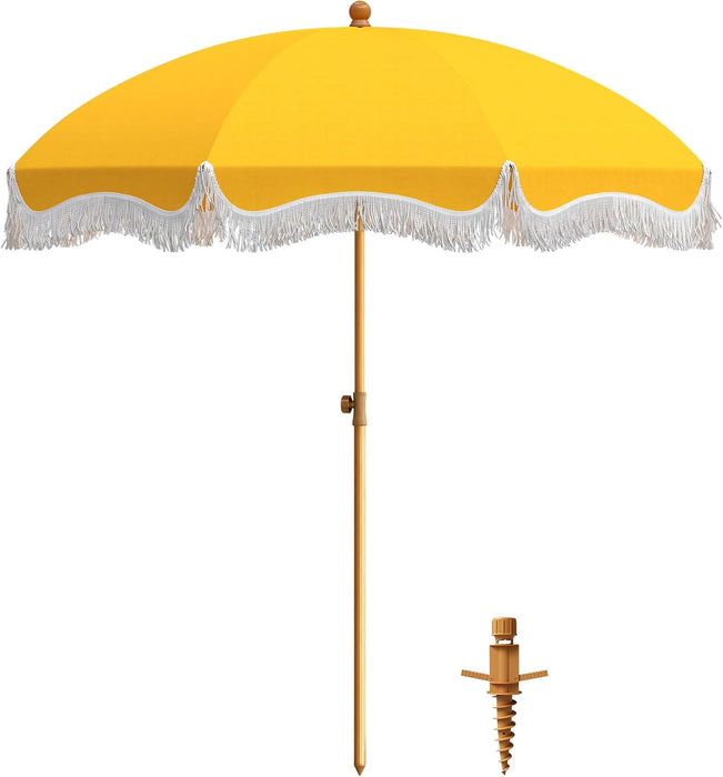 7Ft Fringe Beach Umbrella with Sand Anchor Outdoor Patio, UPF 50+, Yellow