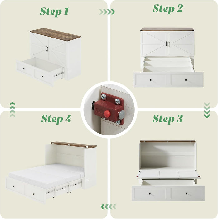 Full Murphy Bed Cabinet Distressed White StorageSolution