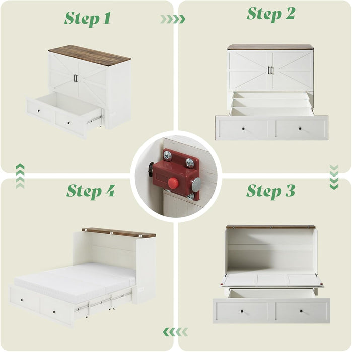 Queen Murphy Bed Cabinet with 6" Tri-Fold Memory Foam Mattress, Storage Drawer & Charging Station, Space-Saving Guest Bed for Home Office, Distressed White