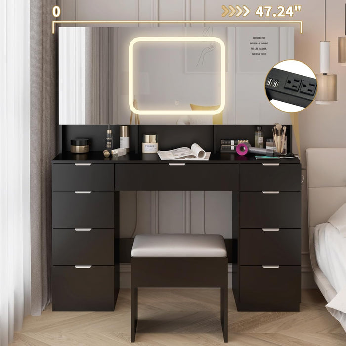 Large Vanity Table Set with 3 Opening Mirrors & LED Lights, Makeup Desk with 9 Drawers, 3 Hidden Cabinets and Charging Sockets, Upholstered Bedroom Stool