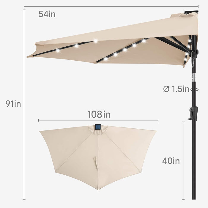 9 Ft Half Patio Umbrella Solar with Push Button Tilt, Beige