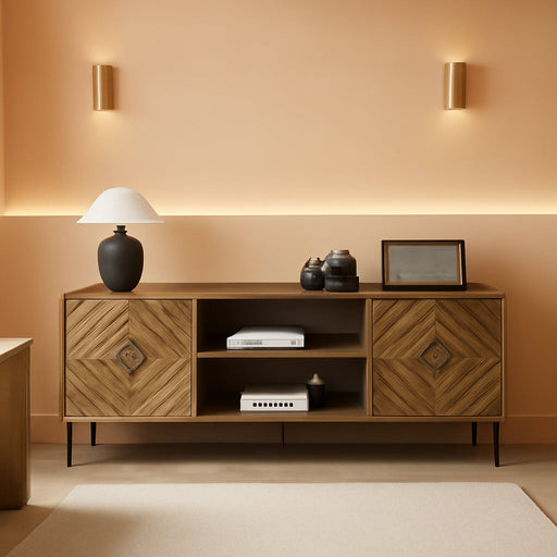 Walnut TV Stand with Fluted Diamond Doors, 55.12" Mid Century Modern TV Media Console for Tvs up to 65", TV Cabinet with Adjustable Shelf & 2 Cabinets for Living Room