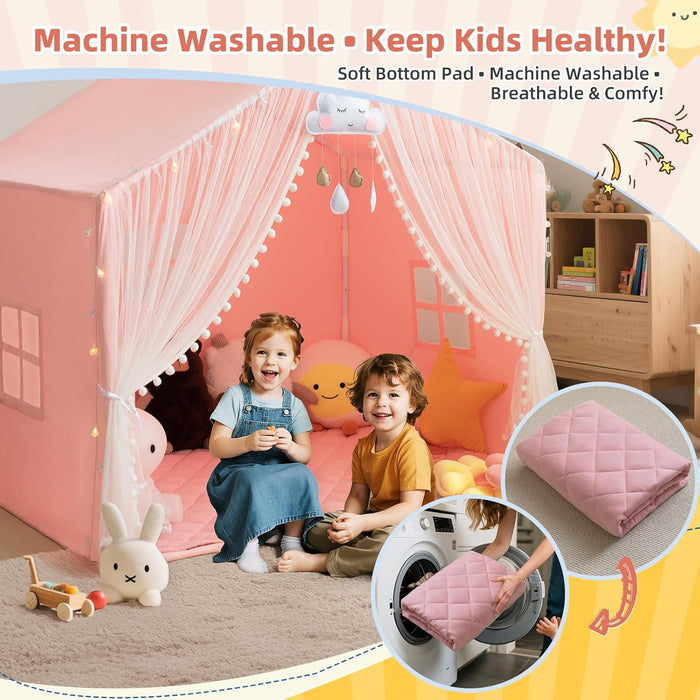 Large Kids Play Tent, 55.1In Length, Fits 3-4 Children,Indoor Playhouse for Kids, with Padded Mat and Lights, Bed Tent for Toddler, Birthday for Boys Girls