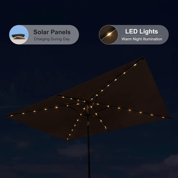 6.5' X 10' Rectangular Patio Umbrella with Solar LED Outdoor Table Umbrella Aluminum Frame Market Umbrella Sun Umbrella for Garden Deck Lawn Pool Taupe