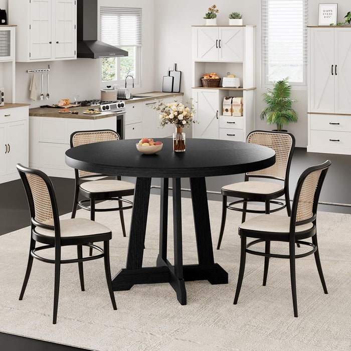 round Dining Table for 4, 47 Inches Dining Room Table with Wooden Base, Kitchen Table with Circle Tabletop, Dinner Table for Dining Room, Kitchen, Living Room, Black