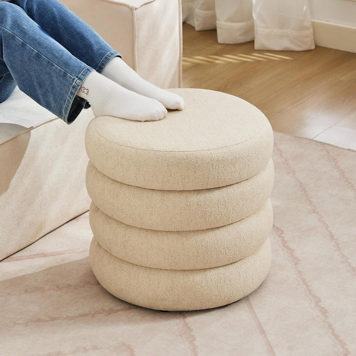 round Storage Ottoman, 20" Small Ottomans Table with Removable Lid, Linen Fabric Soft Footrest Stools for Couch, Upholstered Stuffed Circle Seat for Living Room/Bedroom/Dorm/Vanity, Beige
