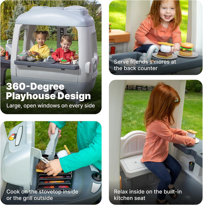 Adventure Camper Kids Playhouse, Indoor/Outdoor Playset with Kitchenette, Interactive Doorbell Sounds, 52-Piece Toy Accessories, Durable Plastic, for Toddlers 2+ Years