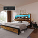 Queen Size Bed Frame with Storage Bookcase Headboard & RGB LED Lights, Slide Out Bedside Storage, Charging Station, Heavy Duty Metal Slats, No Box Spring Needed, Noise-Free, Rustic Brown