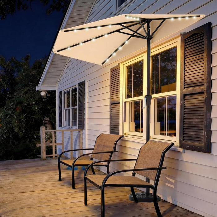 9FT Half Patio Umbrella with Solar LED Lights for Outdoor, Waterproof Half Umbrella for Small Spaces, Balcony, Deck(Beige)
