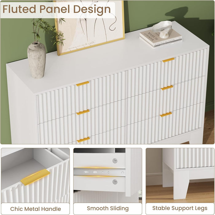 6 Drawer Dresser for Bedroom, 47" Wide Modern Fluted Dresser with Gold Metal Handles, Chest of Drawers for Bedroom, Living Room, Entryway, Hallway, White