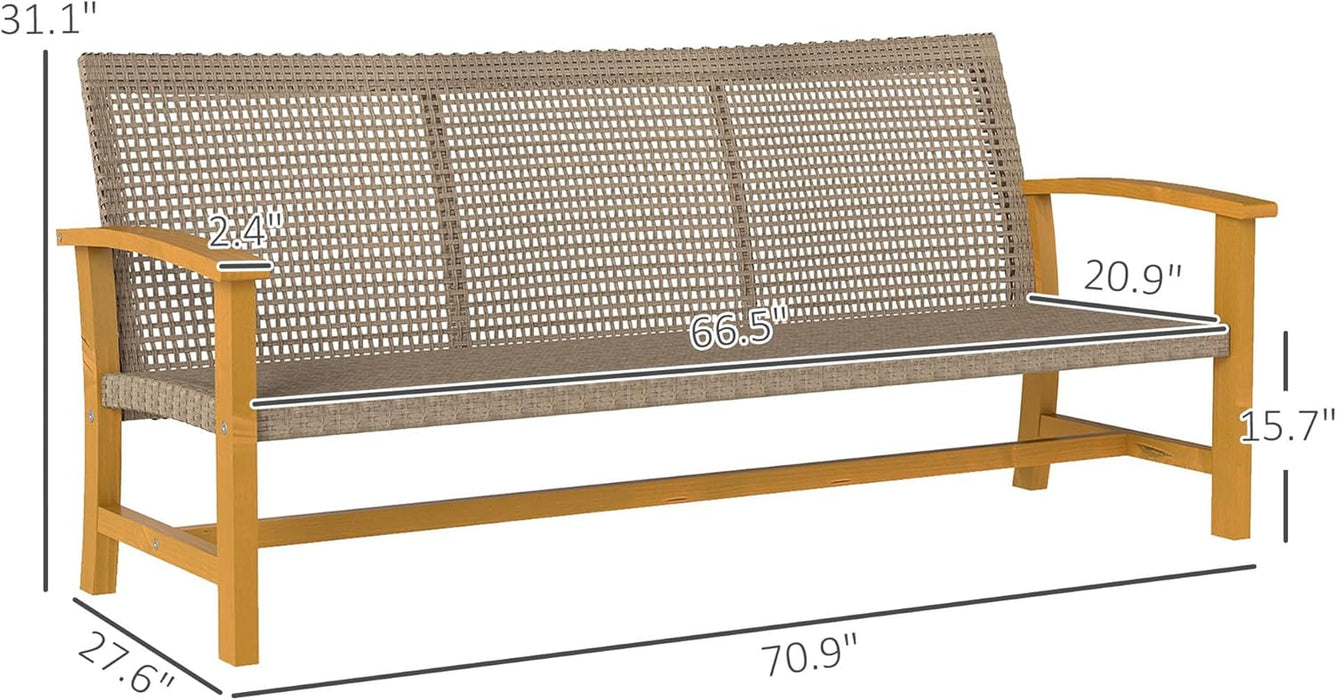 Wicker Outdoor Couch, 3-Seat Rattan Outdoor Patio Sofa, 1000 Lbs. Capacity, Acacia Wood Patio Furniture Couch with Steel Seat and Armrests for Backyard, Porch, Teak