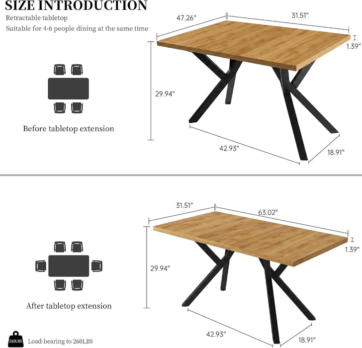 Extendable MDF Dining Table 47.2''-63'' for 4-6 People, Oak