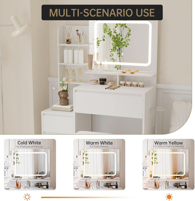 Vanity Desk with Mirror and Lights, Makeup Vanity with Power Outlet, 3 Color Adjustable Light, Dressing Table with 4 Drawers, Storage Shelves & Stool for Bedroom, White