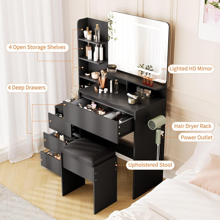 36-Inch Modern Vanity Desk with Mirror and Lights -Dressing Table with 3 Lighting Color Adjustable, Makeup Vanity Table with 4 Drawers, Power Outlet, USB Ports, Stool for Bedroom, Women,