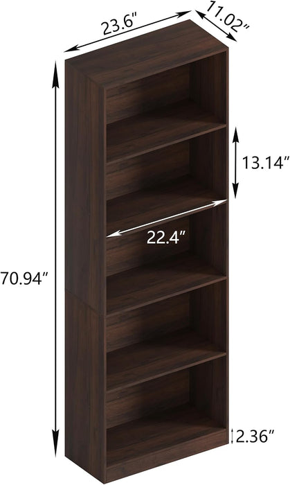 71" Inch Tall 5-Tier Bookcase,Large Freestanding Bookshelf for Home Office and Professional Workspace,Living Room,Bedroom and Dining Room (5-Tier, Dark Walnut, Side-Panel Separated)