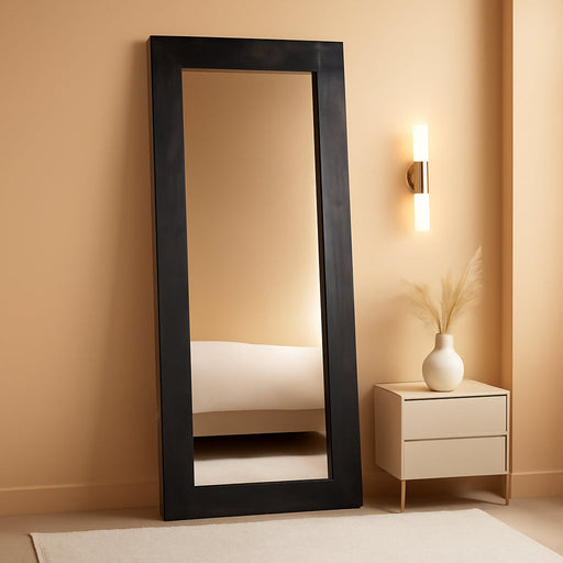 58X24In Full Length Mirror, Solid Wood Convex Frame, Black