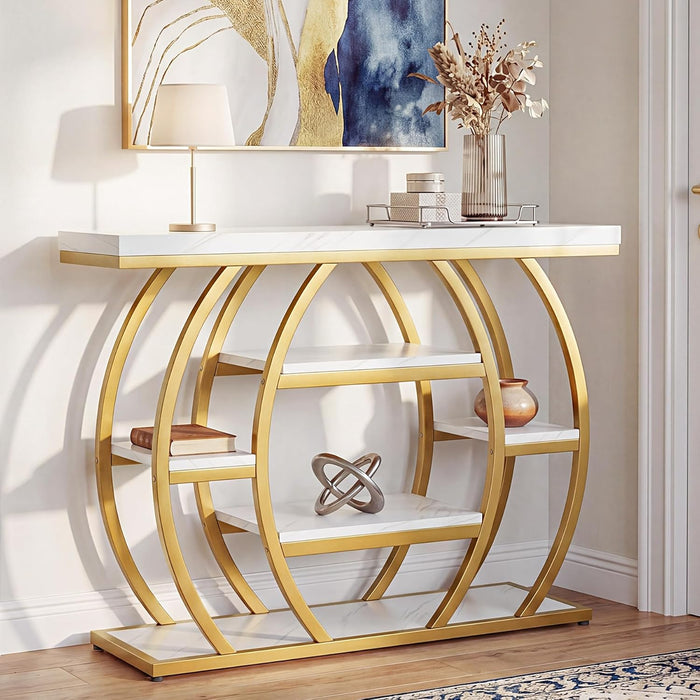 Modern Console Table, 41.3" Narrow Entryway Table with Storage Shelves & Faux Marble Top, 5-Tier Sofa Tables behind Couch with Arched Metal Frame for Living Room, Hallway (Gold & White)