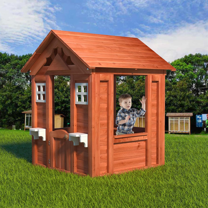 Modern Outdoor Kids Playhouse, Backyard Garden Playhouse, Fir Wood Pretend Game House Playground with 2 Windows and Flowerpot Holder, Family Fun House, Golden Red