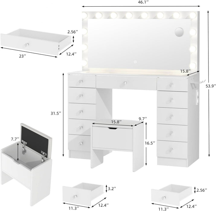 White Makeup Vanity With Illuminated Mirror Drawers