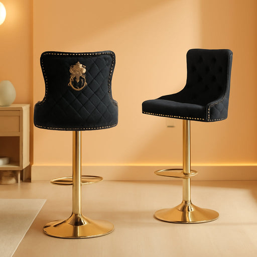 Velvet Gold Bar Stools Set of 2 Modern Counter Height Bar Stools with Lion Pull Ring Tufted Back, Nailhead Upholstered Barstools for Home Kitchen Island, Swivel Adjustable Stool Chair in Black