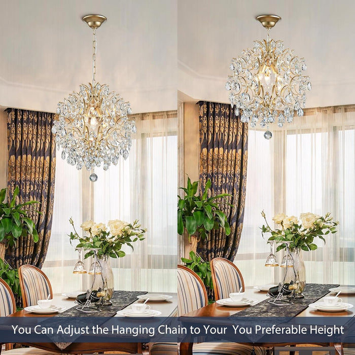 Modern Gold Pendant Chandelier Crystal Raindrop Lighting Ceiling Light Fixture Lamp for Dining Room Bathroom Bedroom Livingroom Entryway 3 E12 Bulbs Required D16 in X H18 In