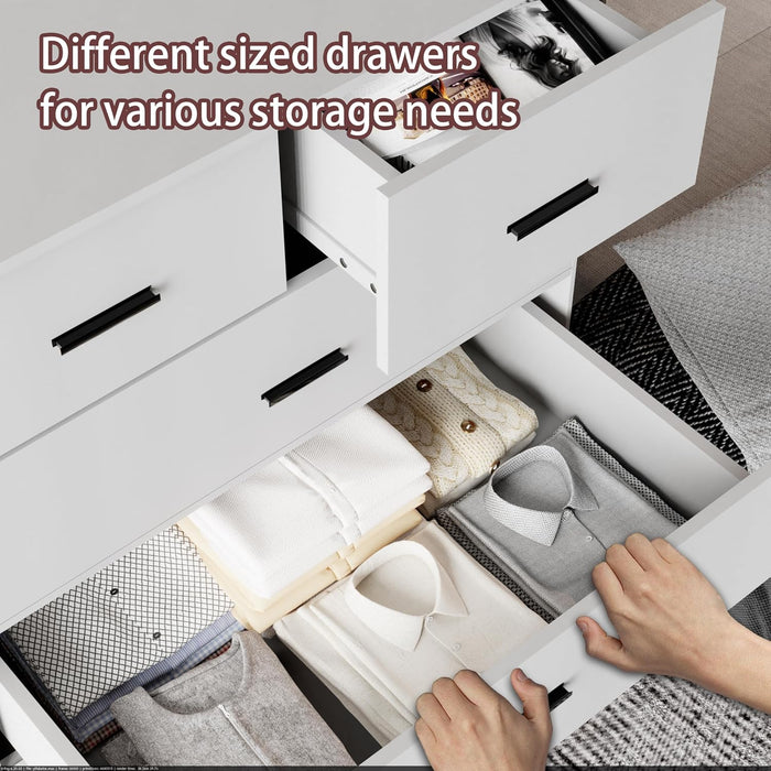 Dresser with Power Outlets Wooden 6 Drawer Dresser with Large Organizer White Tall Storage Organizer with Smooth Metal Rail Modern Chest of Drawers Closet for Bedroom Hallway