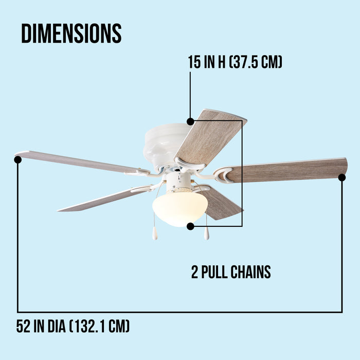 52 Inch Hugger Indoor Ceiling Fan with Light Kit, White, 5 Blades, Reverse Airflow