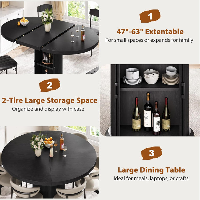 Extendable round Kitchen Dining Room Table for 4-6 with 2-Tier Storage Shelf, 63'' Space Saving Expandable Wood Oval Circle Dinner Furniture with Pedestal Base(Black)