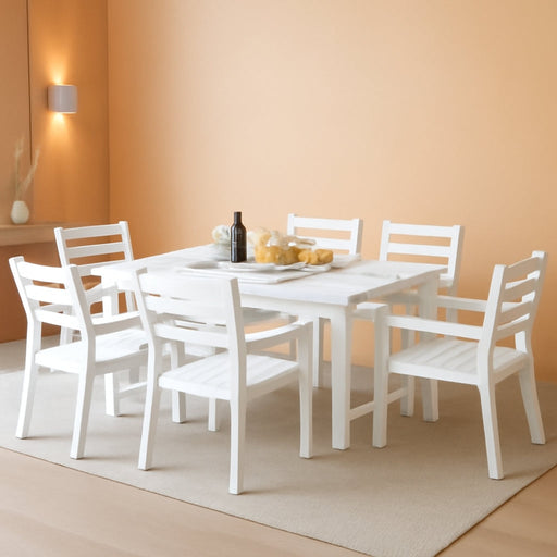 7-Piece HDPE Outdoor Dining Table Set with 6 Chairs, 71" L Patio Dining Furniture Set with Umbrella Hole, Modern Dinner Table & Chairs Set for Garden, Backyard, Poolside, White