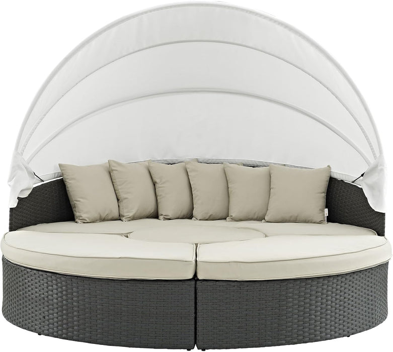Sojourn Outdoor Patio Sunbrella Sectional Daybed with Canopy in Antique Canvas Beige