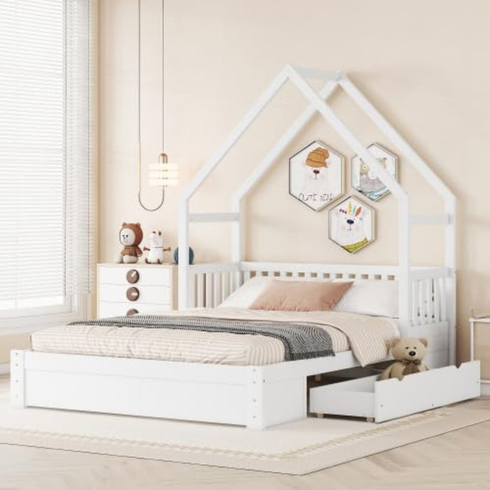 Queen Size Kids HouseBedFrame With UnderBedStorageDrawers