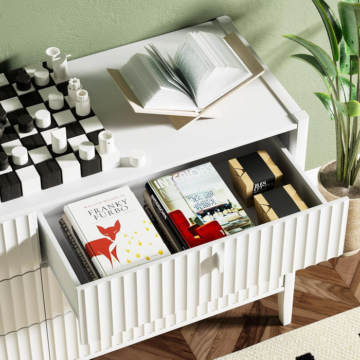 White 6 Drawer Dresser, Modern Wide Dresser for Bedroom, Fluted Wood Chest of Drawers with Metal Handles for Clothes, Storage Cabinet for Living Room, Entryway, Office