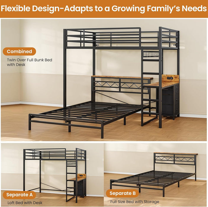 Twin over Full Bunk Bed with Desk,Led Lights and 4 Drawers,Metal Bunk Beds with Storage Headboard and Charging Station,L-Shaped Bunk Bed for Kids/Teen with Safety Guardrail and Ladder,Black