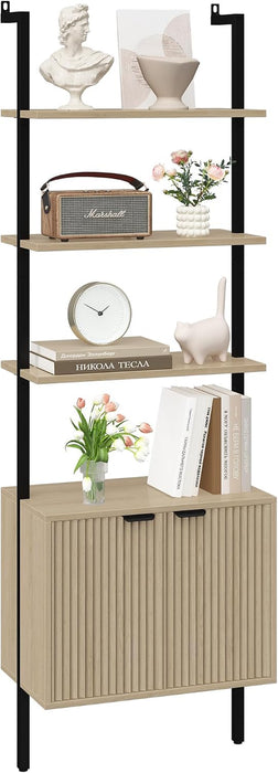 73" Tall Bookshelf with Cabinet, Industrial Ladder Wall Mount Shelf Bookcase with Wood and Metal Frame, Plant Shelf Wall Storage Display for Living Room Bedroom, Wavy Light Ivory