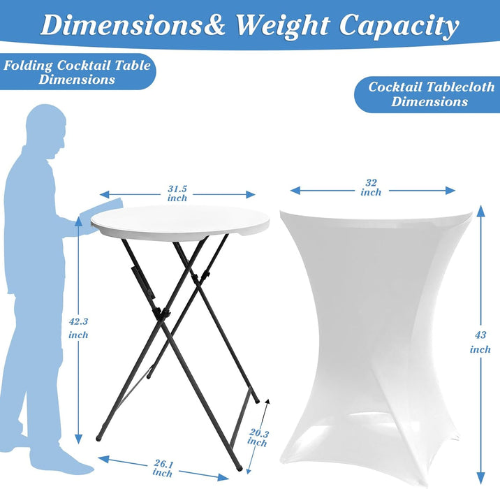 32In Folding Cocktail Table High Top Round-Hdpe Material Heavy Duty Bar Height Standing Event Table, Portable Folding Table with Metal Frame, Removable Legs, Indoor & Outdoor Use(White, 1PC)