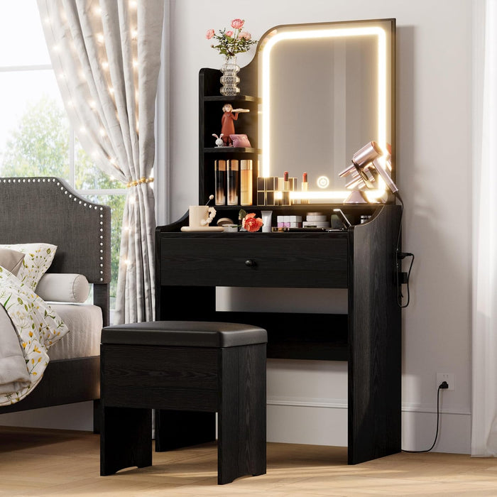 Black Vanity Desk With LED Illuminated MirrorStorage