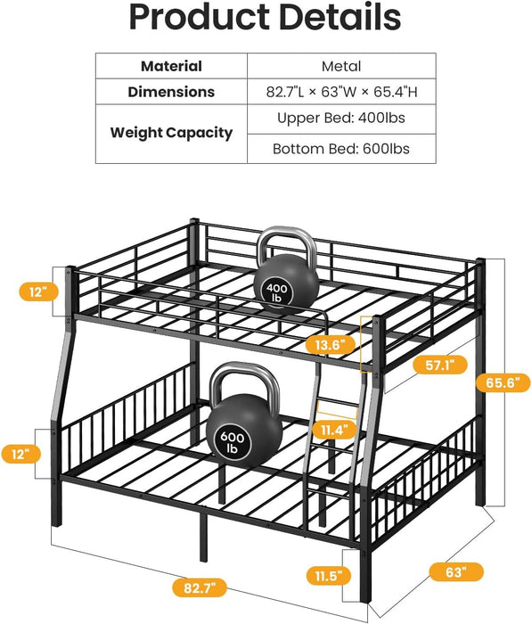 Full XL over Queen Bunk Beds for Adults, Heavy-Duty Metal Bunk Bed Frame with Non-Slip Ladder and Safety Full-Length Guardrails for Kids Teens Adults, Space-Saving, Black