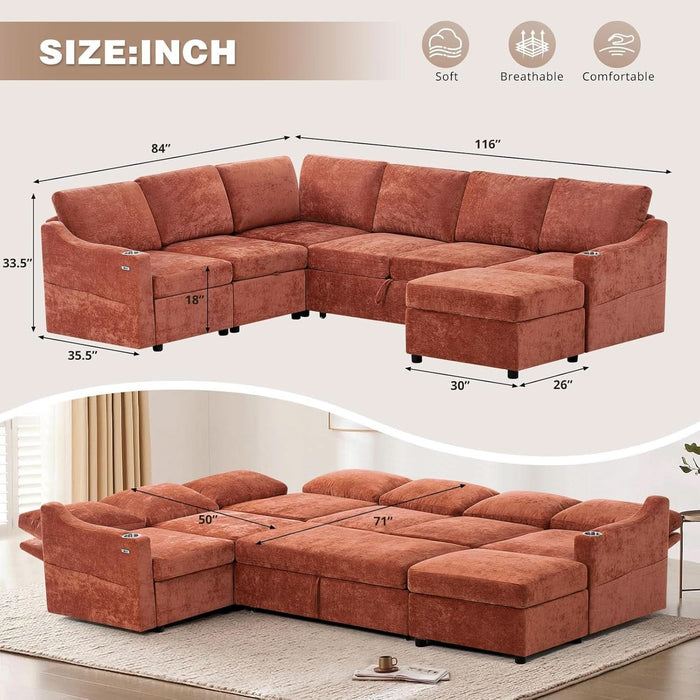 116Inch Orange ChenilleFabric Modular Sleeper Sofa USB