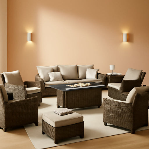 Patio Furniture Set Outdoor Furniture Brown Wicker Rattan Patio Conversation Sets with Cushion outside Sofa Set,7 Pieces with Rectangular Firepit Table,9 Seats,Beige