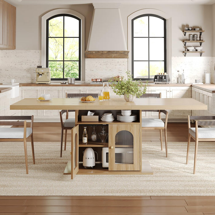 Dining Table for 4–6, 63 Inch Wood Farmhouse Kitchen Table with 3-Tier Storage Shelf and Acrylic Door Cabinet, Rectangular Modern Dining Room Dinner Table for Apartment Home Small Space, Light Oak
