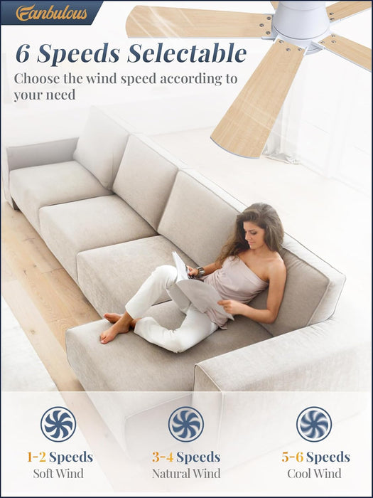 Ceiling Fans with Lights and Remote, 42 Inch Low Profile Flush Mount Ceiling Fan,White Modern Ceiling Fan with LED Light for Bedroom Indoor Outdoor-5 Reversible Blades, 3CCT, 6 Speeds, Timer