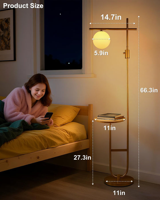66IN Gold Dimmable Floor Lamps with Storage Table, Modern Standing Tall Lamp with Milky White Globe Lampshade, Cross-Shaped Lamp Head and U-Pole Base Style for Living Room/Bedroom/Office